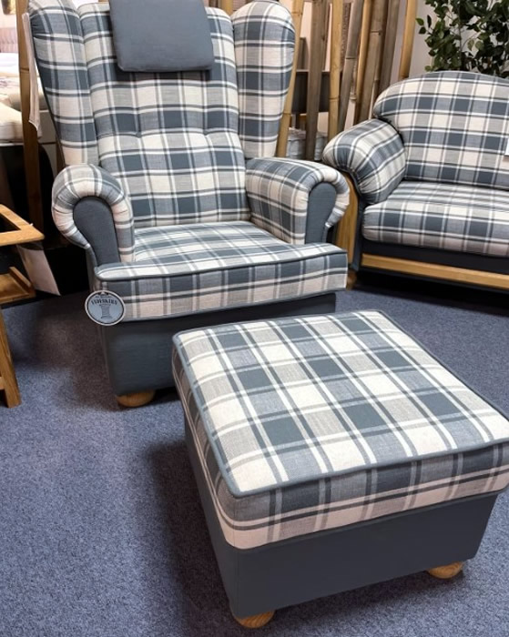 Ohrensessel Sessel mit Hocker Landhaus Karo blau weiß