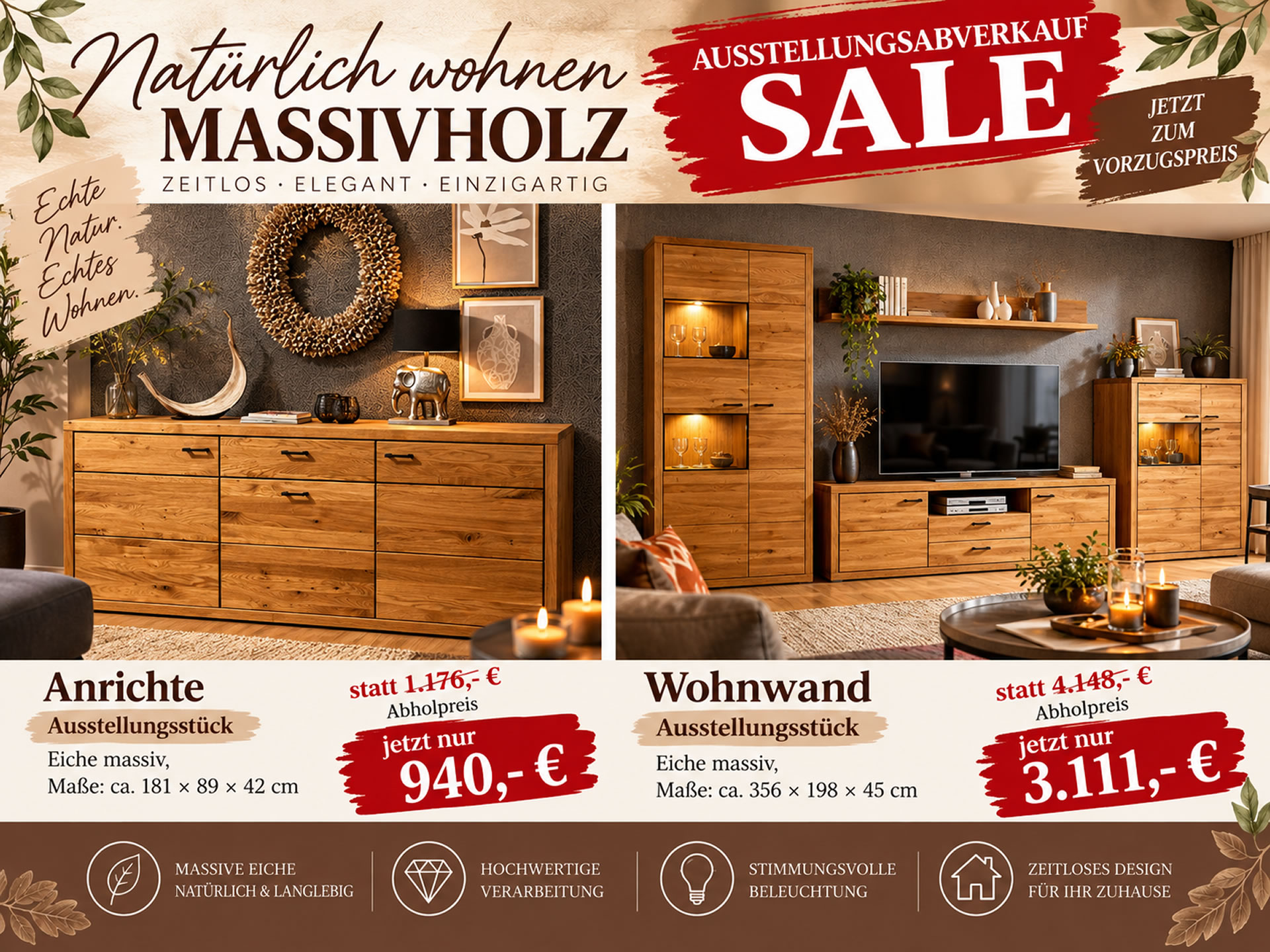 Wohnkombination Mona II in Eiche massiv geölt